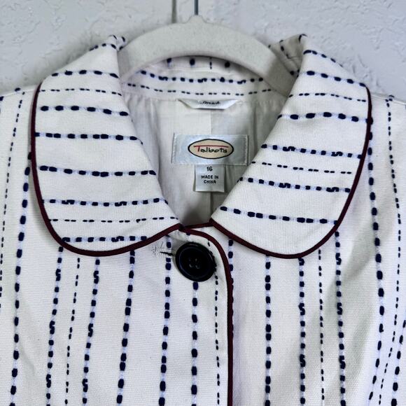 TALBOTS Blazer 16 Piped Textured Jacket Cream W/Black Dash Line Pattern 3 Button - Picture 9 of 15